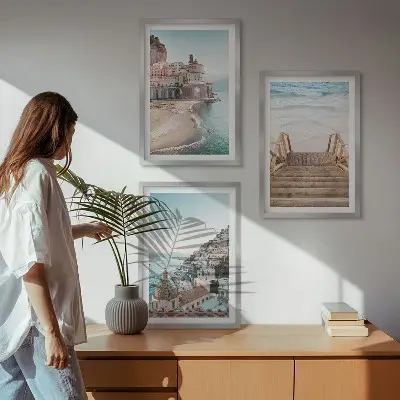 Set de 3 cuadros para salón con vistas de playa en tonos pastel de verano