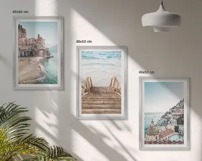 Set de 3 cuadros para salón con vistas de playa en tonos pastel de verano