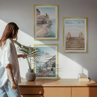 Set de 3 cuadros para salón con vistas de playa en tonos pastel de verano