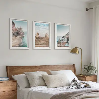 Set de 3 cuadros para salón con vistas de playa en tonos pastel de verano