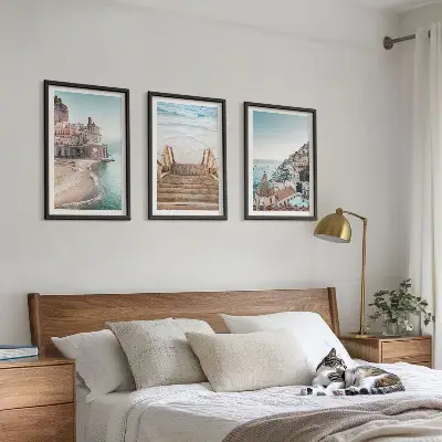 Set de 3 cuadros para salón con vistas de playa en tonos pastel de verano