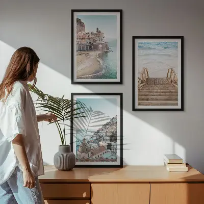 Set de 3 cuadros para salón con vistas de playa en tonos pastel de verano
