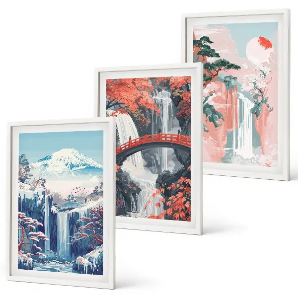 Set de 3 cuadros para salón con diseño de cascadas montañas puente y árboles
