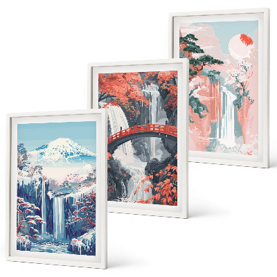 Set de 3 cuadros para salón cascadas montañas puente árboles