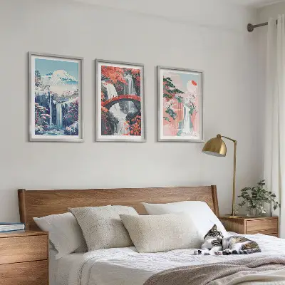 Set de 3 cuadros para salón con diseño de cascadas montañas puente y árboles