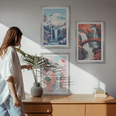 Set de 3 cuadros para salón con diseño de cascadas montañas puente y árboles