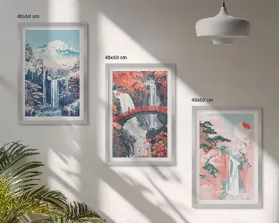Set de 3 cuadros para salón con diseño de cascadas montañas puente y árboles