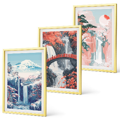 Set de 3 cuadros para salón cascadas montañas puente árboles