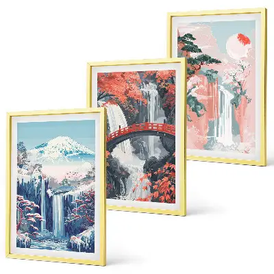 Set de 3 cuadros para salón con diseño de cascadas montañas puente y árboles