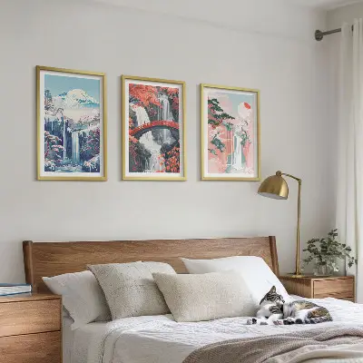 Set de 3 cuadros para salón con diseño de cascadas montañas puente y árboles