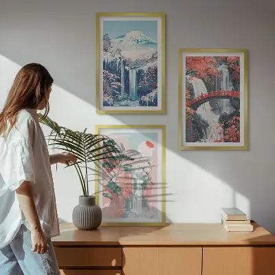 Set de 3 cuadros para salón con diseño de cascadas montañas puente y árboles