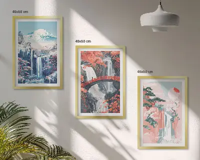 Set de 3 cuadros para salón con diseño de cascadas montañas puente y árboles