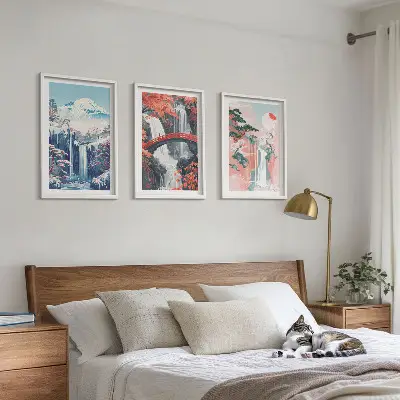 Set de 3 cuadros para salón con diseño de cascadas montañas puente y árboles