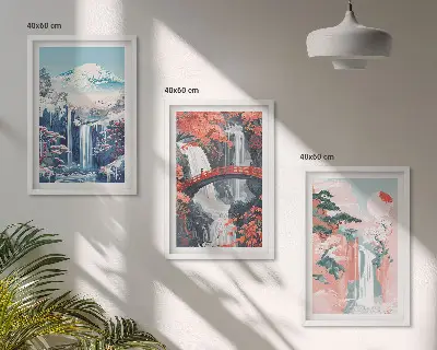 Set de 3 cuadros para salón con diseño de cascadas montañas puente y árboles