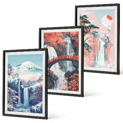 Set de 3 cuadros para salón con diseño de cascadas montañas puente y árboles