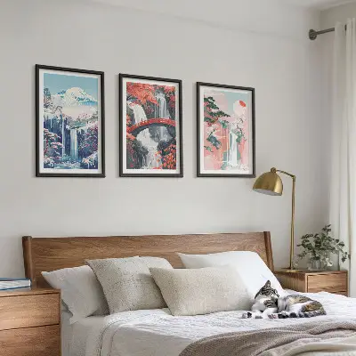 Set de 3 cuadros para salón con diseño de cascadas montañas puente y árboles