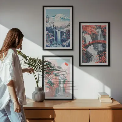 Set de 3 cuadros para salón con diseño de cascadas montañas puente y árboles