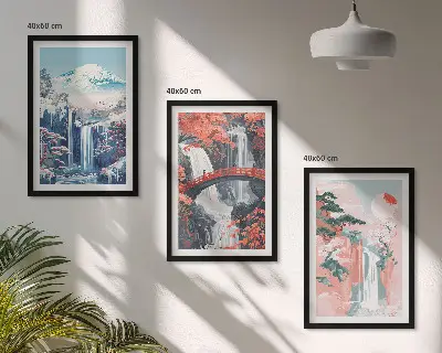 Set de 3 cuadros para salón con diseño de cascadas montañas puente y árboles