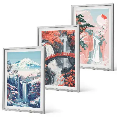 Set de 3 cuadros para salón con diseño de cascadas montañas puente y árboles