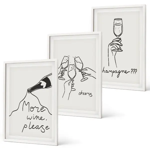 Set de 3 cuadros decorativos para salón con diseño de dibujo lineal de champán