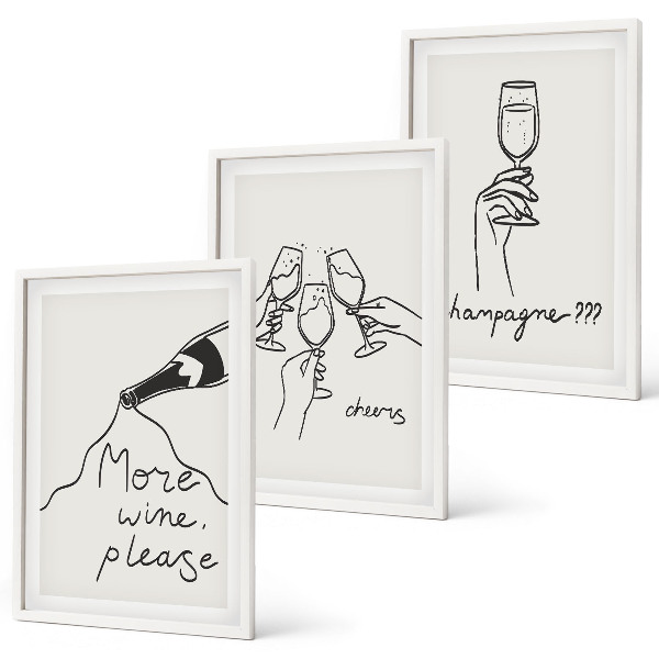 Set de 3 cuadros para salón Dibujo lineal de vino de champán