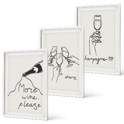 Set de 3 cuadros para salón Dibujo lineal de vino de champán