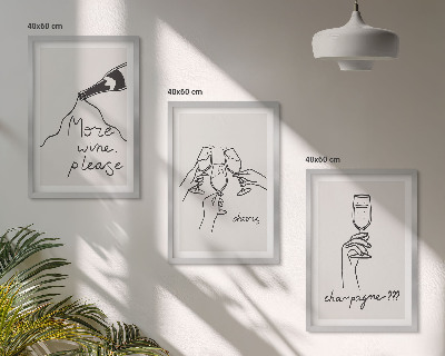 Set de 3 cuadros para salón Dibujo lineal de vino de champán
