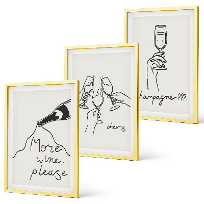 Set de 3 cuadros para salón Dibujo lineal de vino de champán