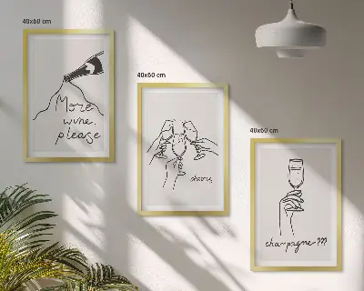 Set de 3 cuadros decorativos para salón con diseño de dibujo lineal de champán
