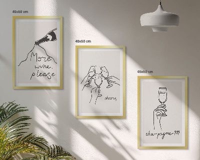 Set de 3 cuadros para salón Dibujo lineal de vino de champán