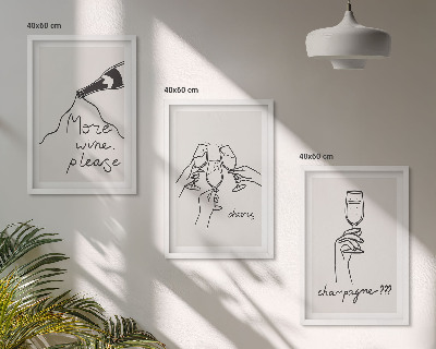 Set de 3 cuadros para salón Dibujo lineal de vino de champán