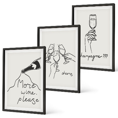 Set de 3 cuadros para salón Dibujo lineal de vino de champán