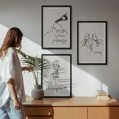 Set de 3 cuadros decorativos para salón con diseño de dibujo lineal de champán