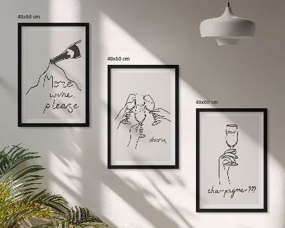 Set de 3 cuadros para salón Dibujo lineal de vino de champán