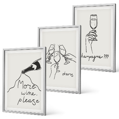 Set de 3 cuadros para salón Dibujo lineal de vino de champán