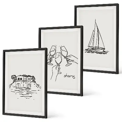 Juego de 3 cuadros brindis con velero frente al mar