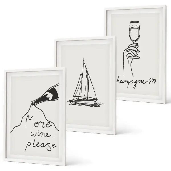 Set de 3 cuadros para salón con dibujo lineal de una copa y un velero