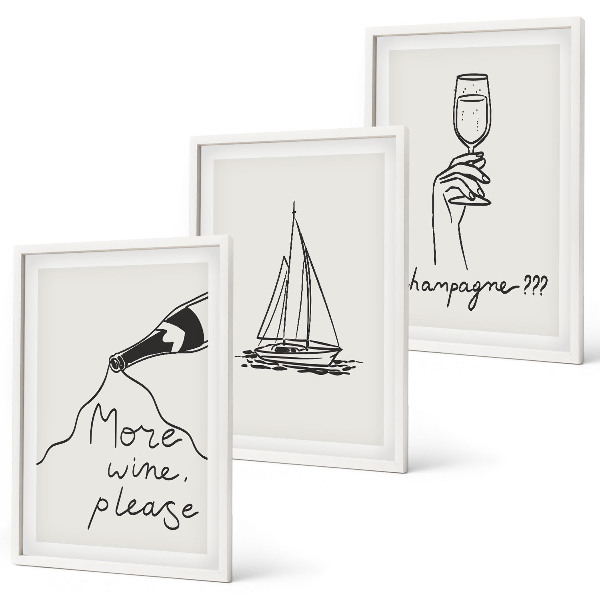 Set de 3 cuadros para salón Dibujo lineal de una copa de velero para vino