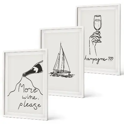 Set de 3 cuadros para salón con dibujo lineal de una copa y un velero