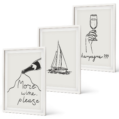 Set de 3 cuadros para salón Dibujo lineal de una copa de velero para vino