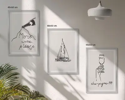 Set de 3 cuadros para salón con dibujo lineal de una copa y un velero