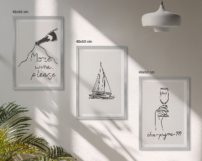 Set de 3 cuadros para salón Dibujo lineal de una copa de velero para vino