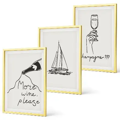 Set de 3 cuadros para salón con dibujo lineal de una copa y un velero