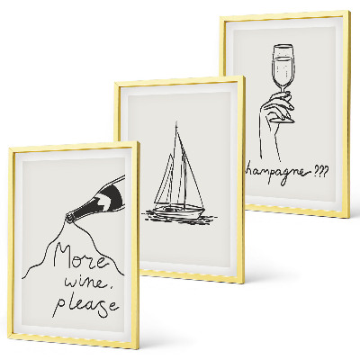 Set de 3 cuadros para salón Dibujo lineal de una copa de velero para vino