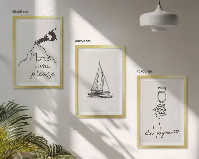 Set de 3 cuadros para salón con dibujo lineal de una copa y un velero