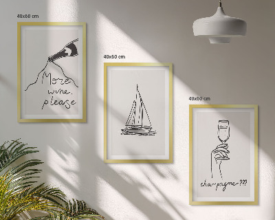 Set de 3 cuadros para salón Dibujo lineal de una copa de velero para vino