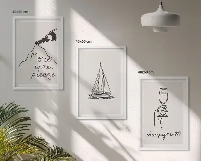Set de 3 cuadros para salón con dibujo lineal de una copa y un velero