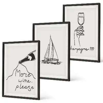 Set de 3 cuadros para salón con dibujo lineal de una copa y un velero
