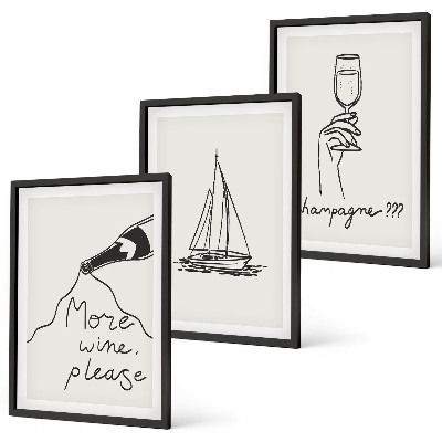 Set de 3 cuadros para salón Dibujo lineal de una copa de velero para vino
