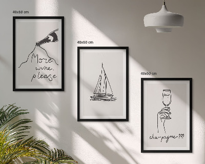 Set de 3 cuadros para salón Dibujo lineal de una copa de velero para vino